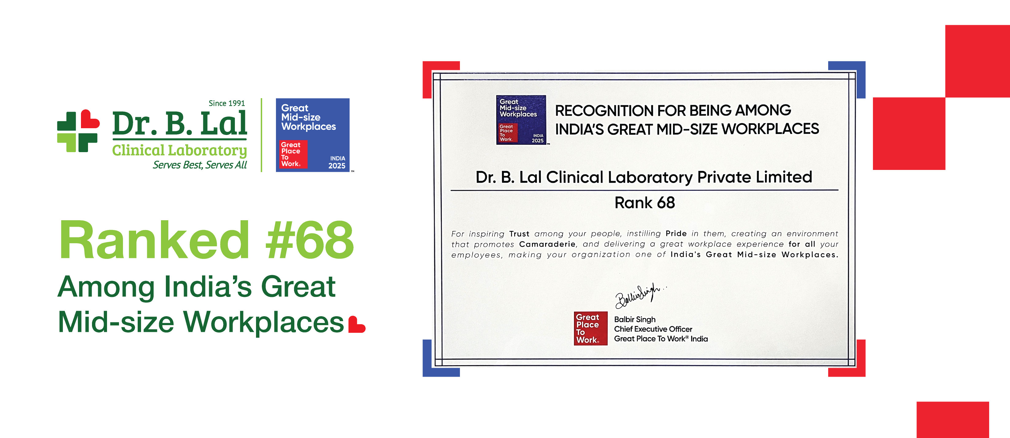 Dr. B. Lal Clinical Laboratory, Ranked #68 Among India’s Great Mid-size Workplaces!